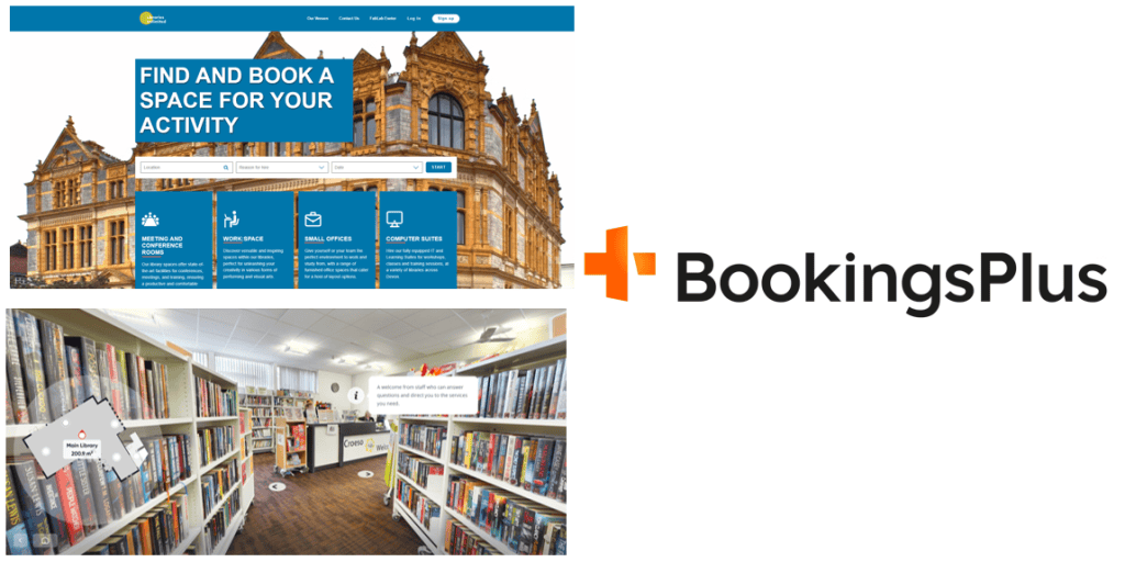 Image featuring a website interface for booking spaces with a historic building background, alongside bookshelves in a library and the BookingsPlus logo.