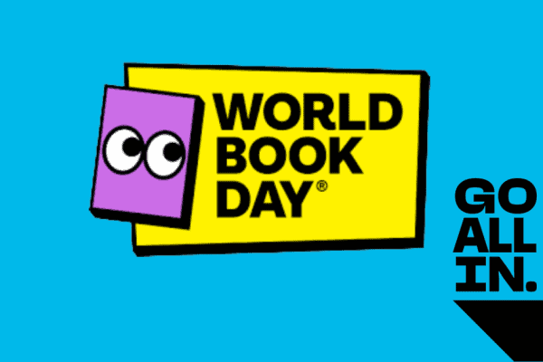 world book day text on yellow background with purple book with eyes. Go All In logo in right hand corner, all on blue background